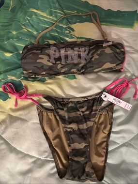 PINK Victoria's Secret Camo Bikini Set with Pink Tie Accents